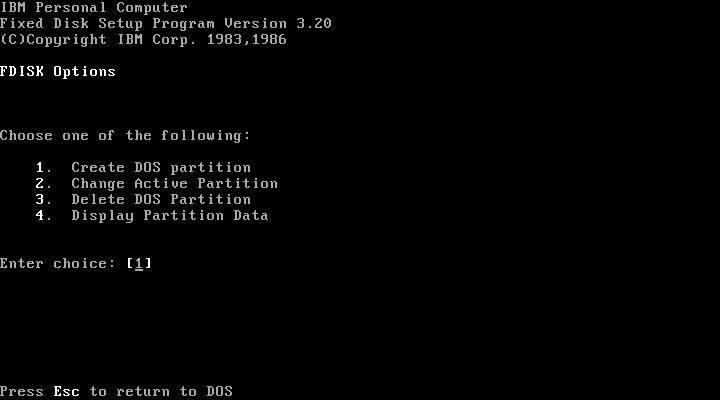Running PC DOS 3.2 FDISK
