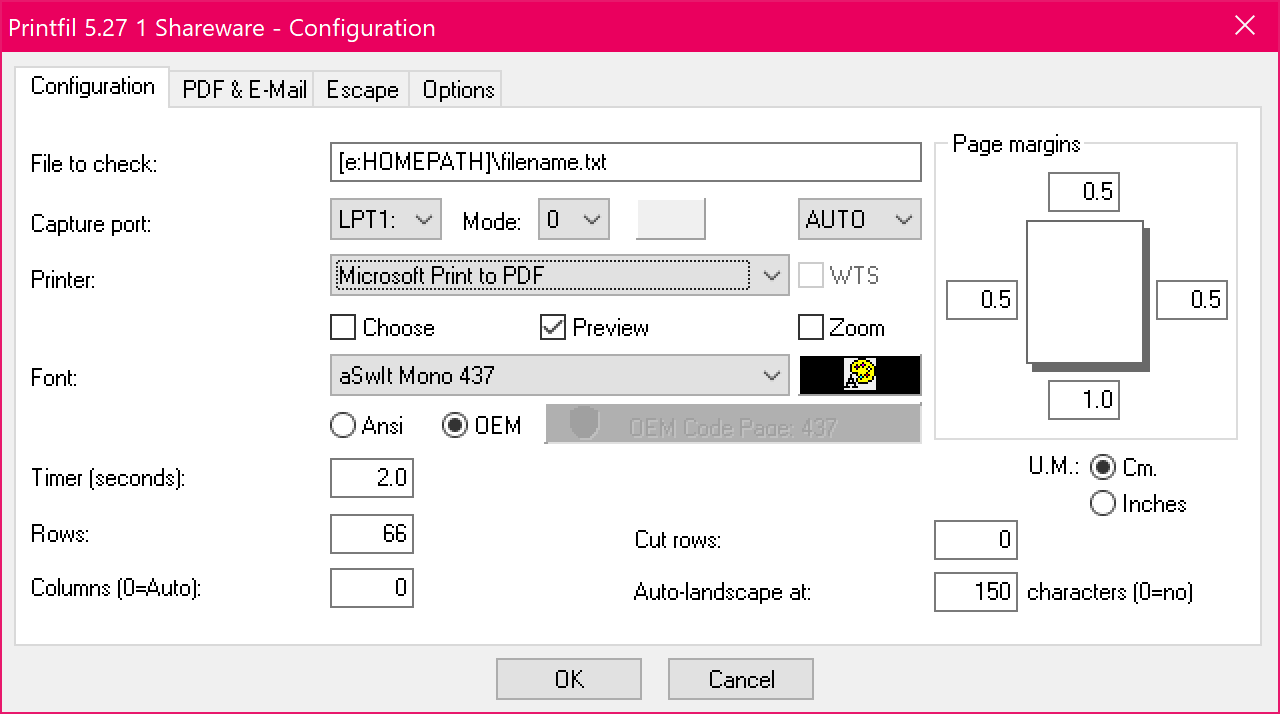 The Printfil configuration window
