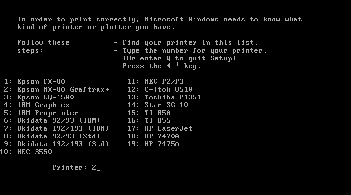 Windows 1.01 SETUP printer