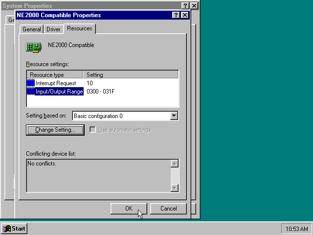 Windows 95 Device Manager - NE2000 Resources