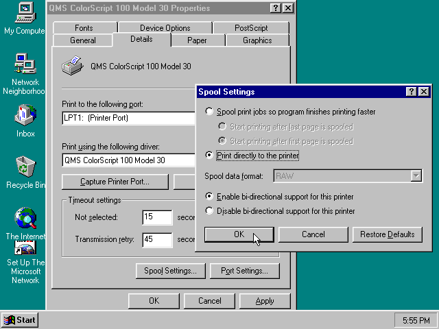 Windows 95 - QMS ColorScript Spool Settings