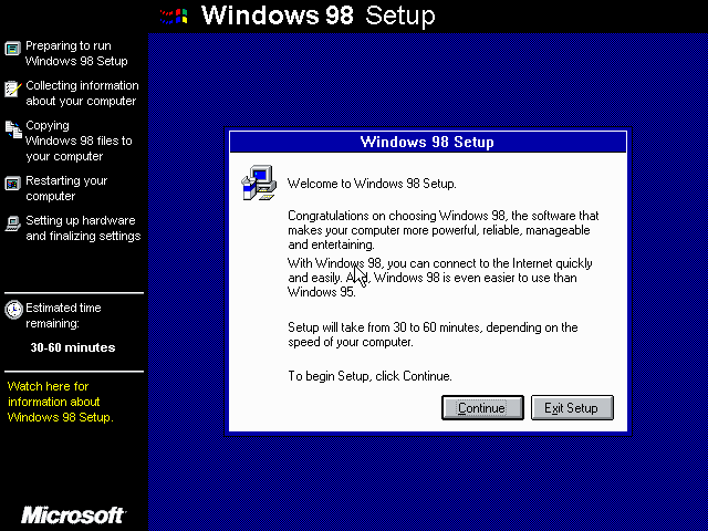 Windows 98 SETUP.EXE Welcome