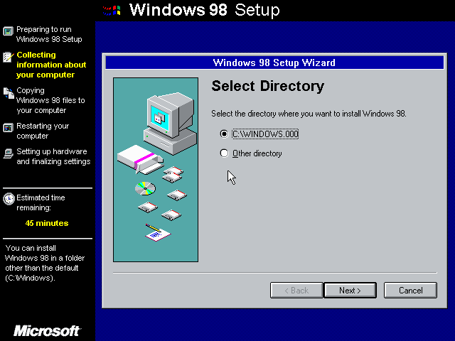 Windows 98 SETUP.EXE Select Directory