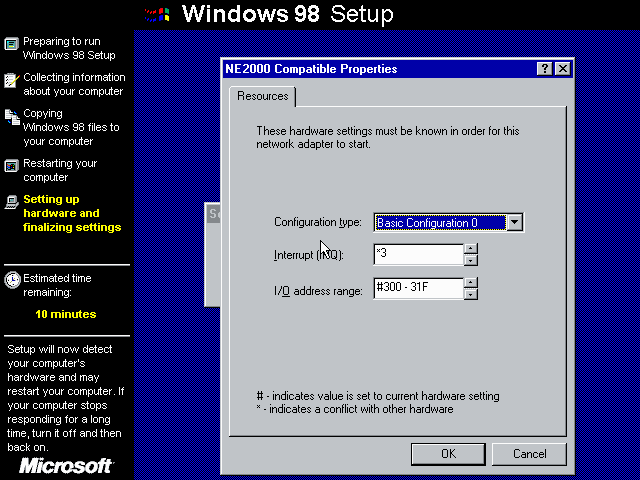 Windows 98 SETUP.EXE NE2000 Properties