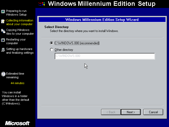 Windows ME SETUP.EXE Select Directory